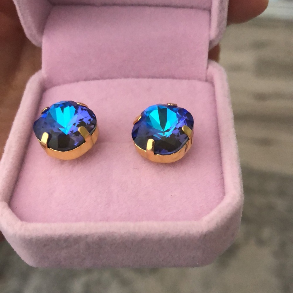 Burgundy AB + Gold Cushion Cut Crystal Earrings - Picture 9 of 13